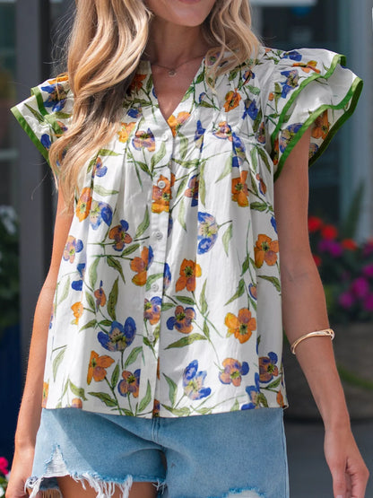 Floral Print Ruffle V-Neck Pressed Pleats Binding Tape Cotton Blouse
