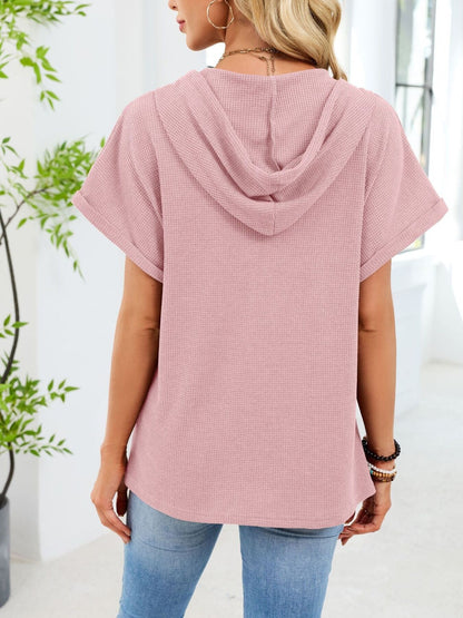 Casual Waffle Knit Button Detail Hooded Top