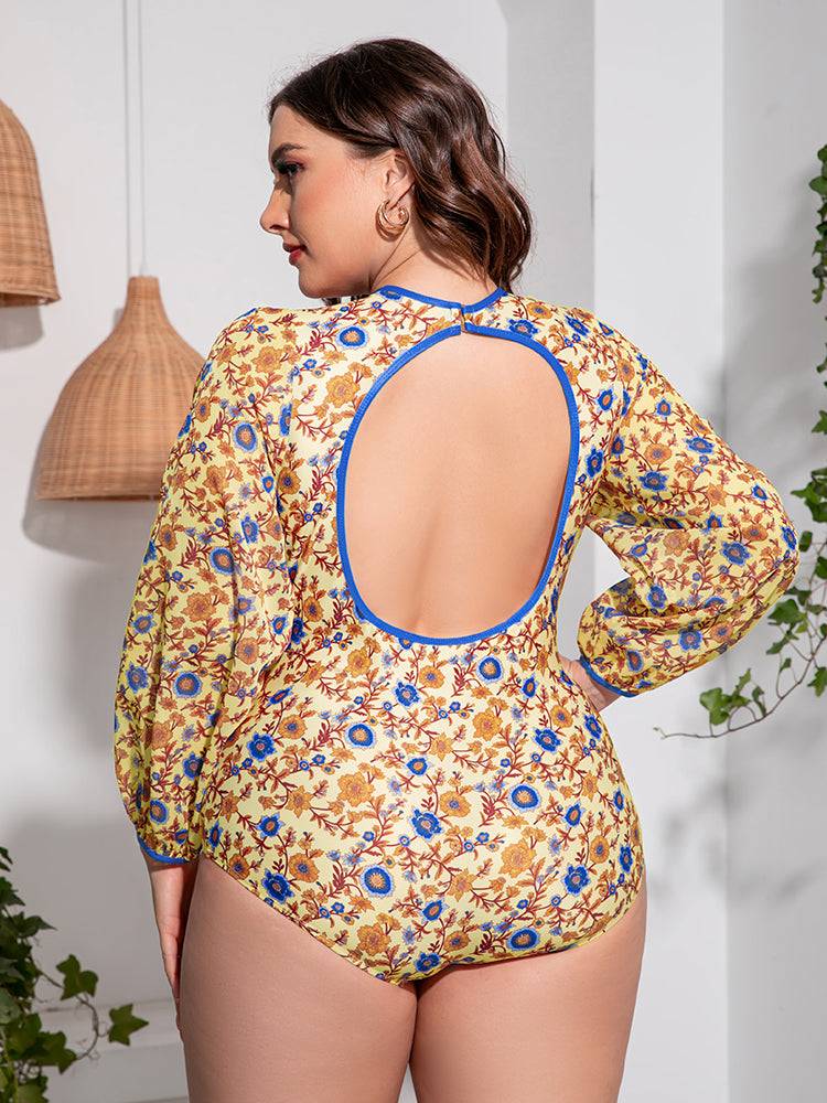 Plus size floral swimsuit with open back, rear view