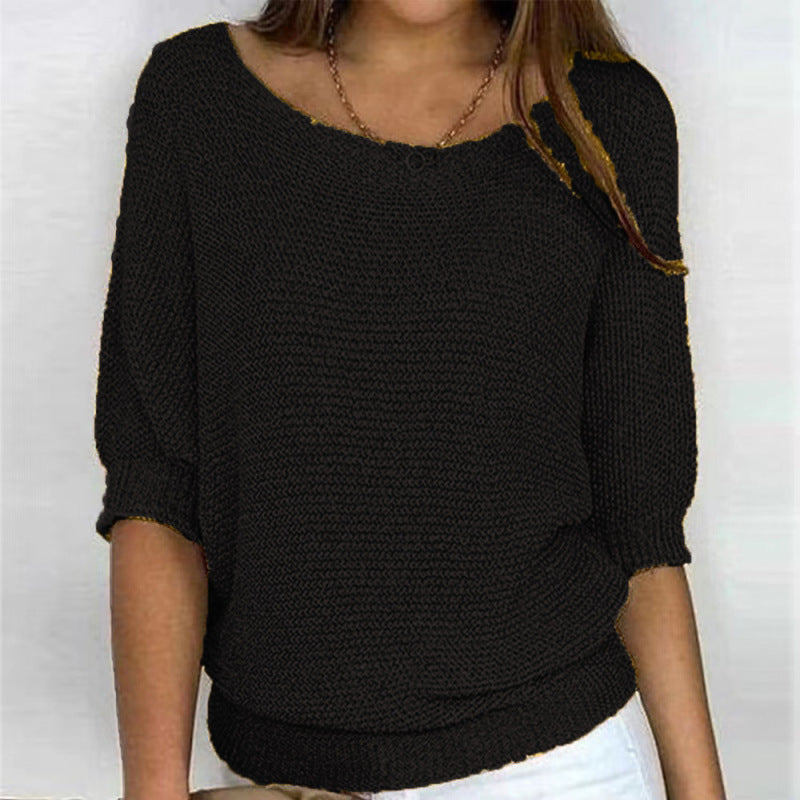 Pull tricoté femme col rond manches trois-quarts 