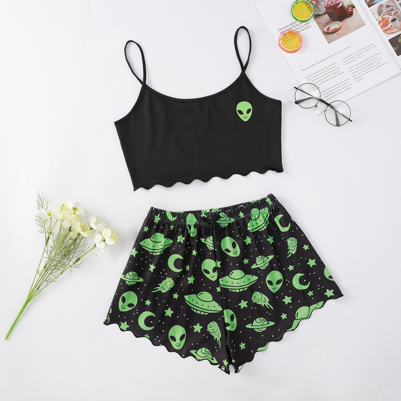 Halloween Pumpkin Print Sleeveless Camisole Top Shorts Homewear Pajama Set