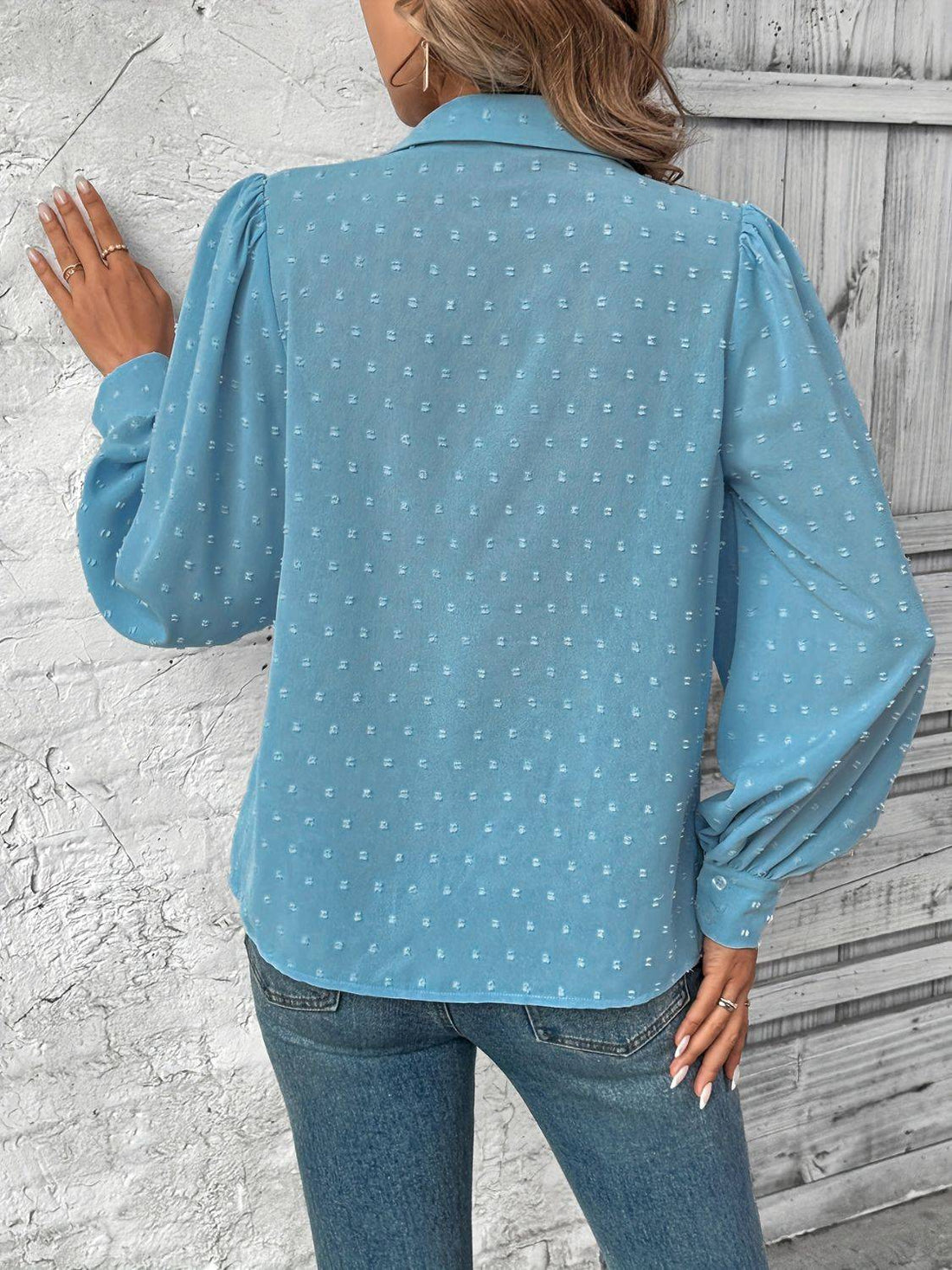 Blue Swiss dot collared long sleeve shirt, back view