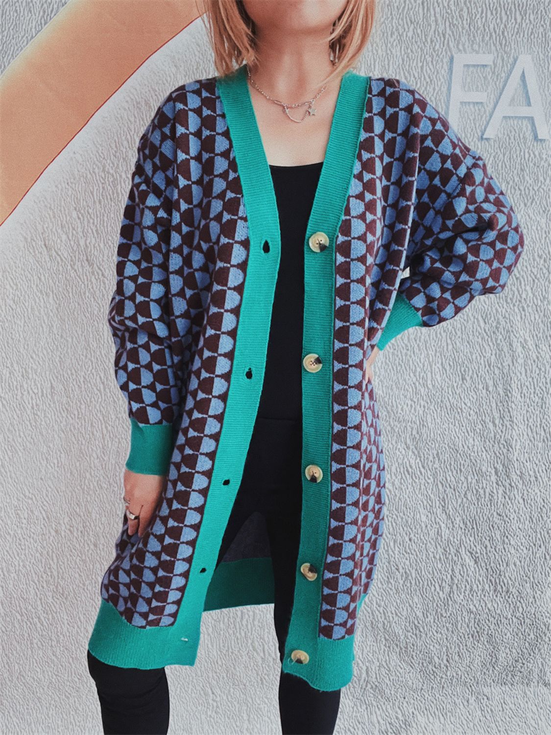 Contrast Trim Geometric Button Down Cardigan