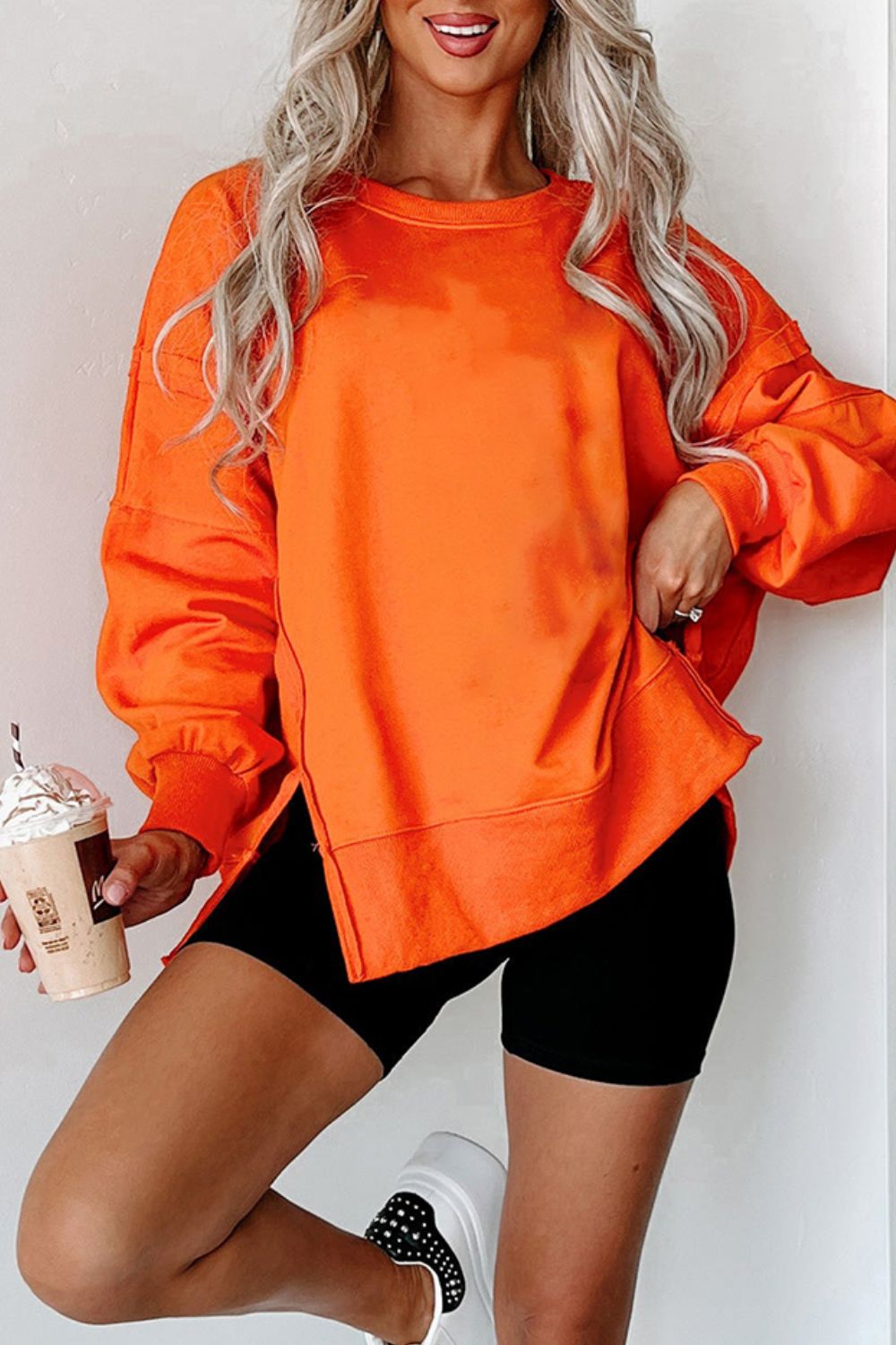 Side Slit Round Neck Long Sleeve Sweatshirt