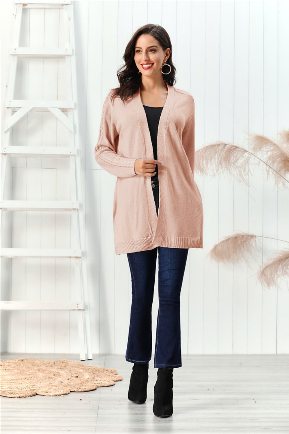 Cable-Knit Open Front Long Sleeve Cardigan