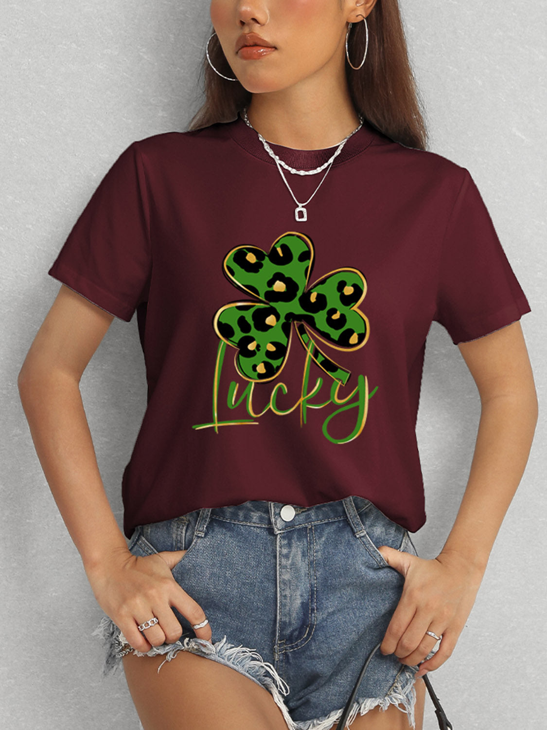 Lucky Clover Round Neck Short Sleeve T-Shirt