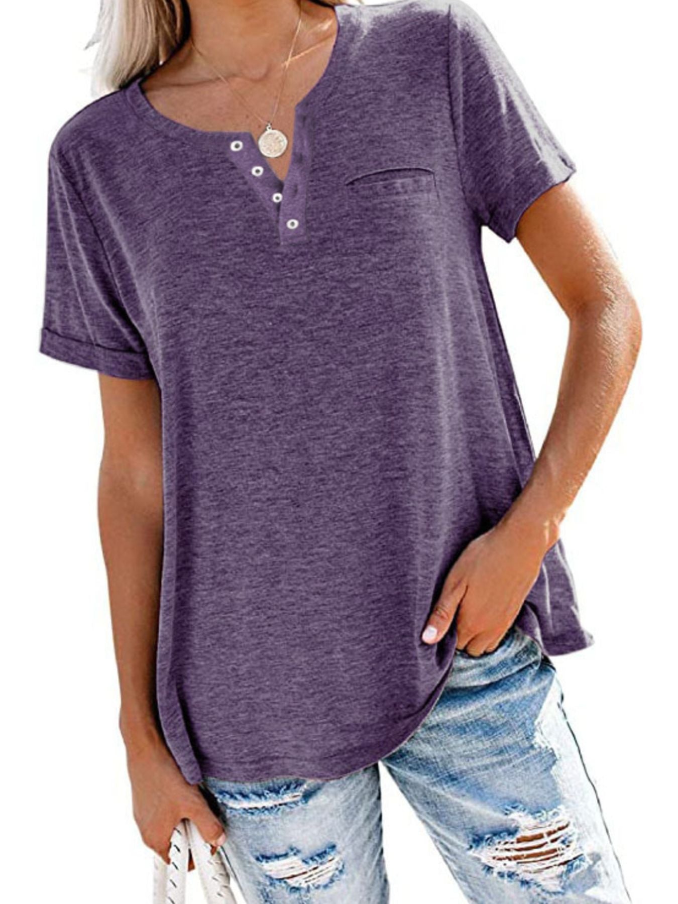 Full Size Casual Button-Front Pocket T-Shirt Plus Size