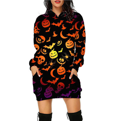 Mittellanges Langarm-Sweatshirt mit Halloween-Print, Kapuze und Tasche 