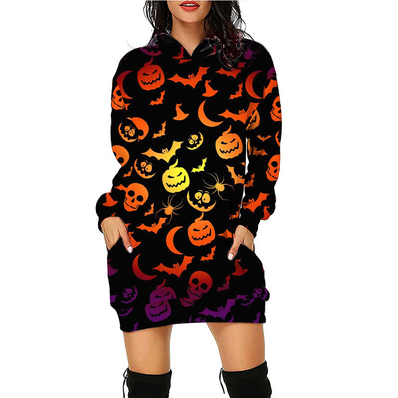 Halloween print mid-length pocket hooded long-sleeved sweatshirt