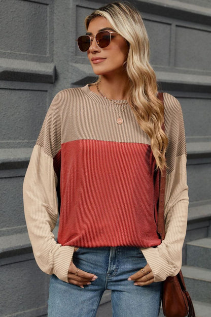 Double Take Contrast Round Neck Long Sleeve T-Shirt