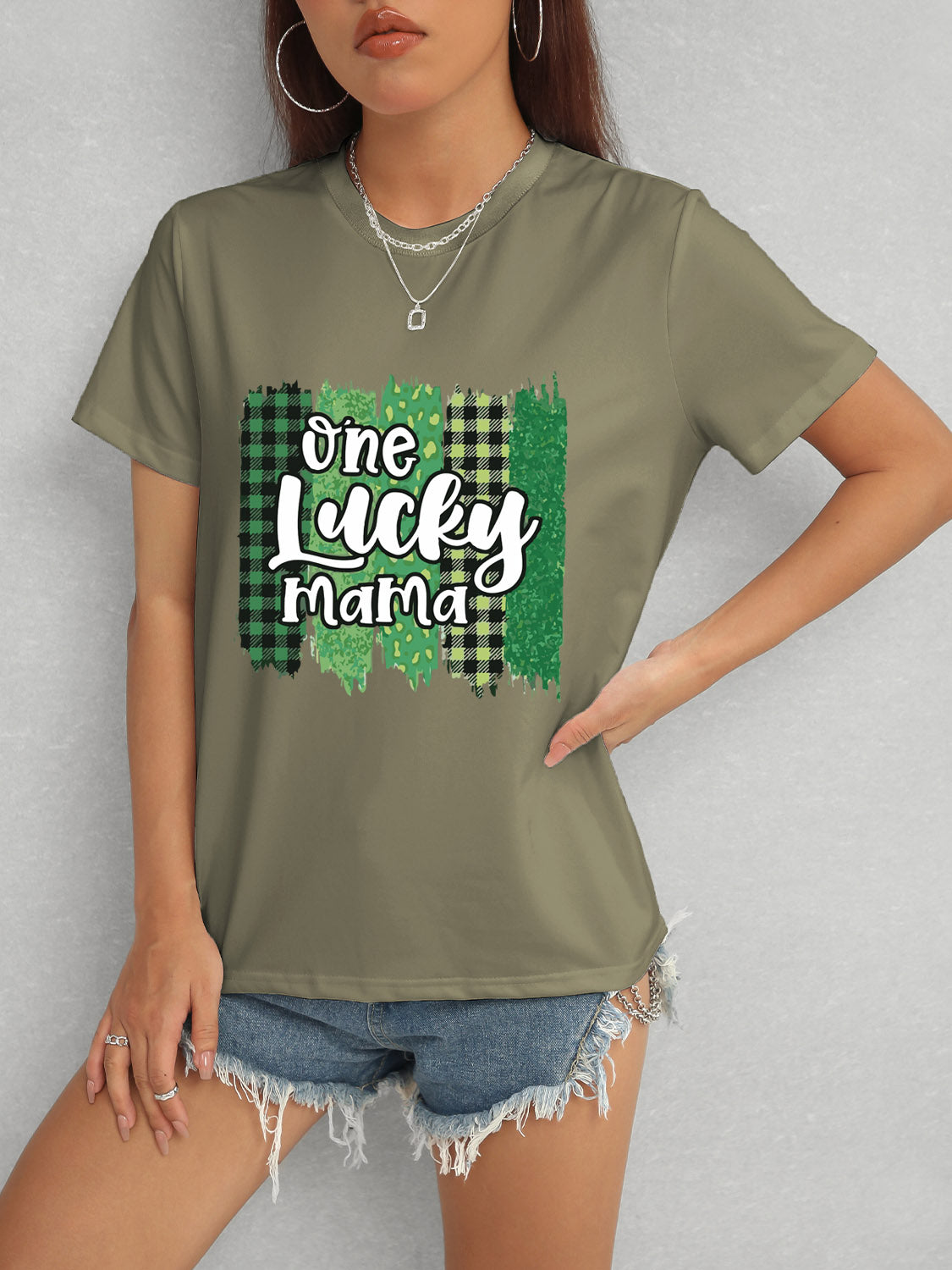 ONE LUCKY MAMA Round Neck T-Shirt