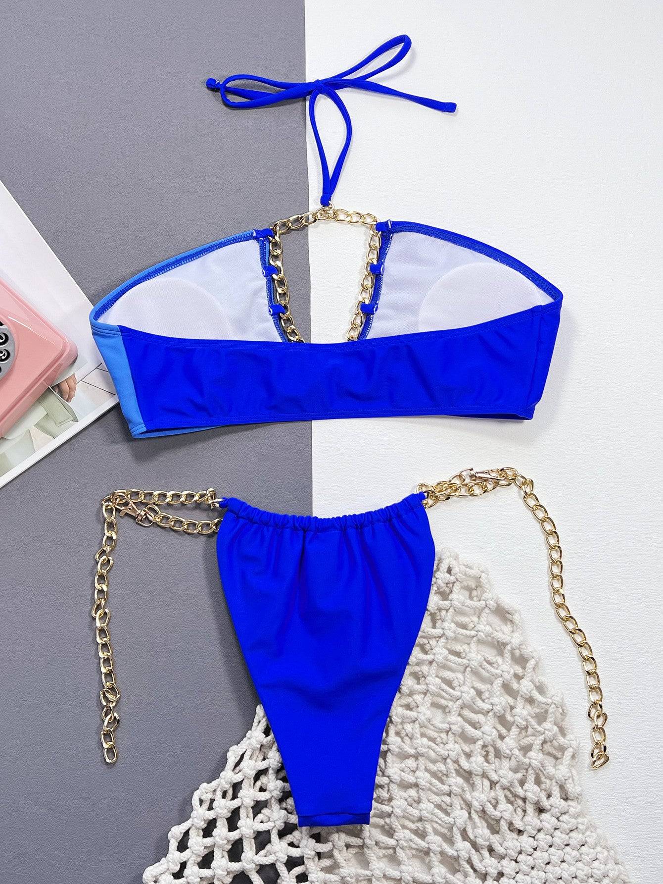 Back view of blue chain detail halter neck bikini set