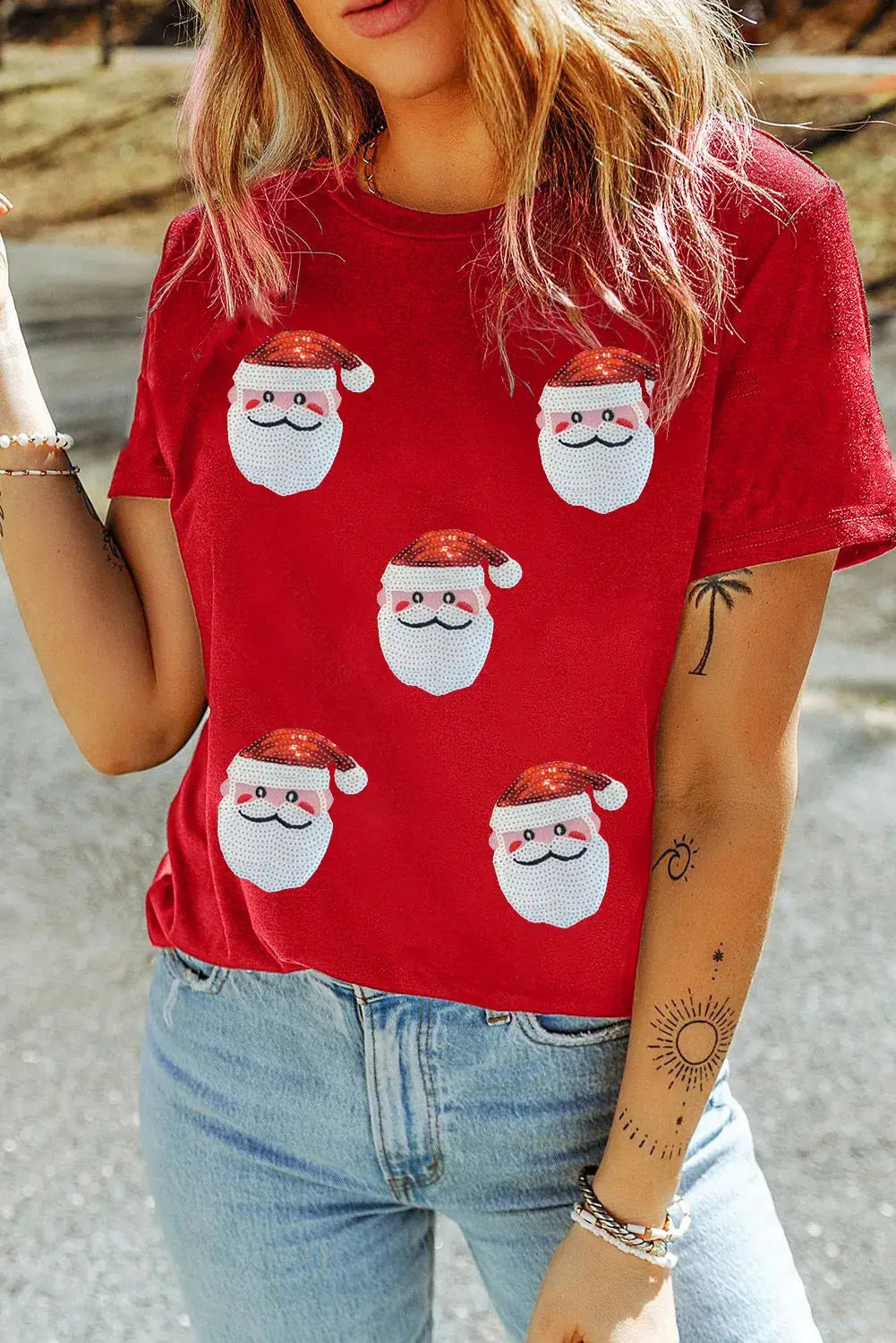 Red sequin Santa round neck short sleeve T-shirt