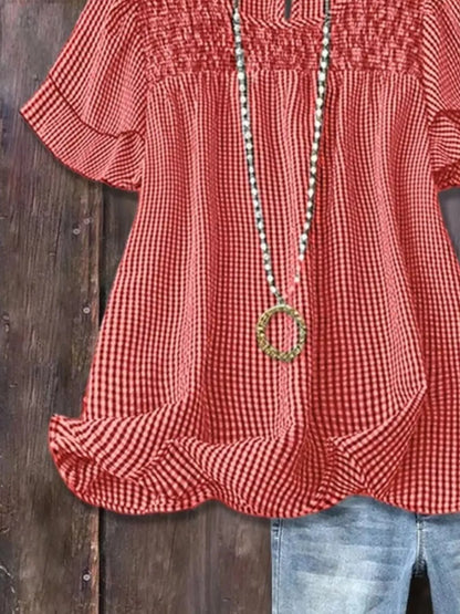 Full Size Gingham Smocked Ruffle Sleeve Blouse Plus Size