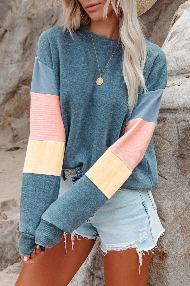 Color Block Round Neck Long Sleeve Sweatshirt