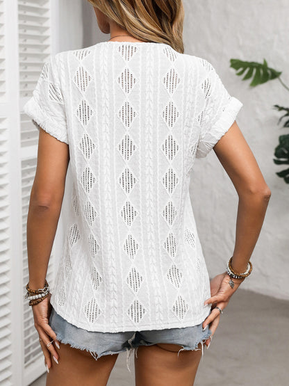 Openwork V-Neck Short Sleeve T-Shirt