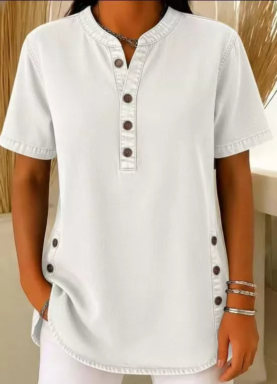 Full Size Button Detail Short Sleeve Blouse Plus Size