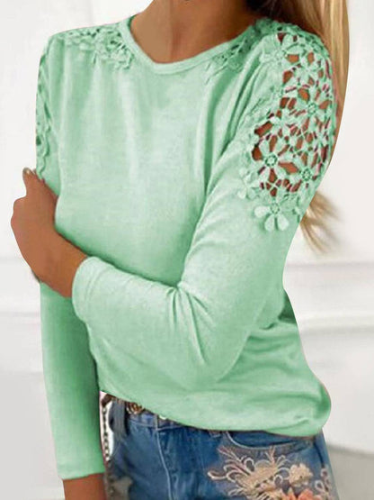 Green cutout round neck long sleeve t-shirt with lace details