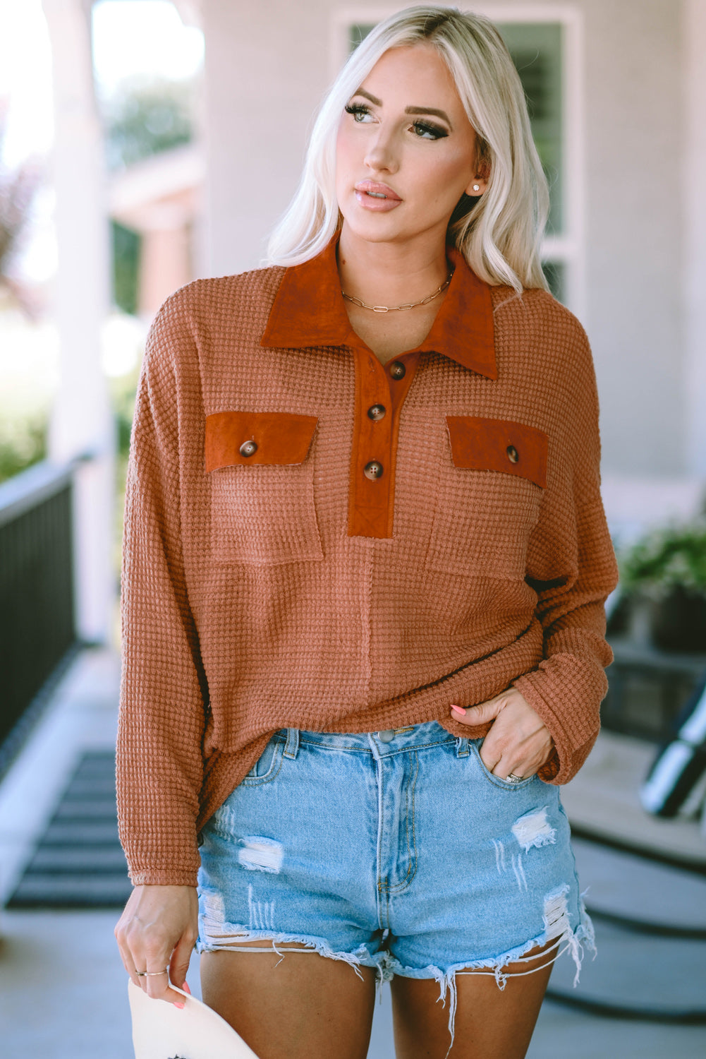 Half-Button Collared Long Sleeve Top