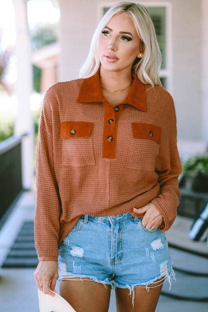 Half-Button Collared Long Sleeve Top