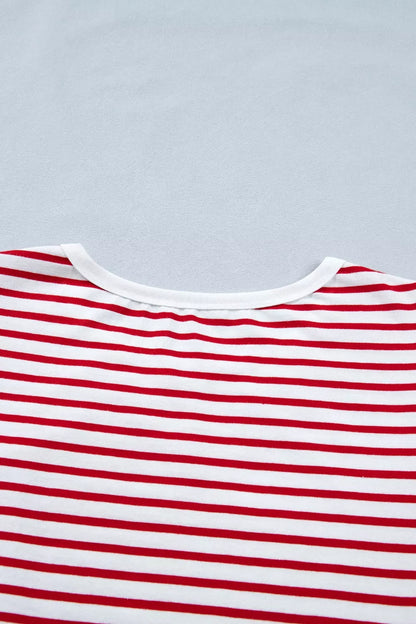 Stripe Contrast Trim Round Neck Short Puff Sleeve T Shirt