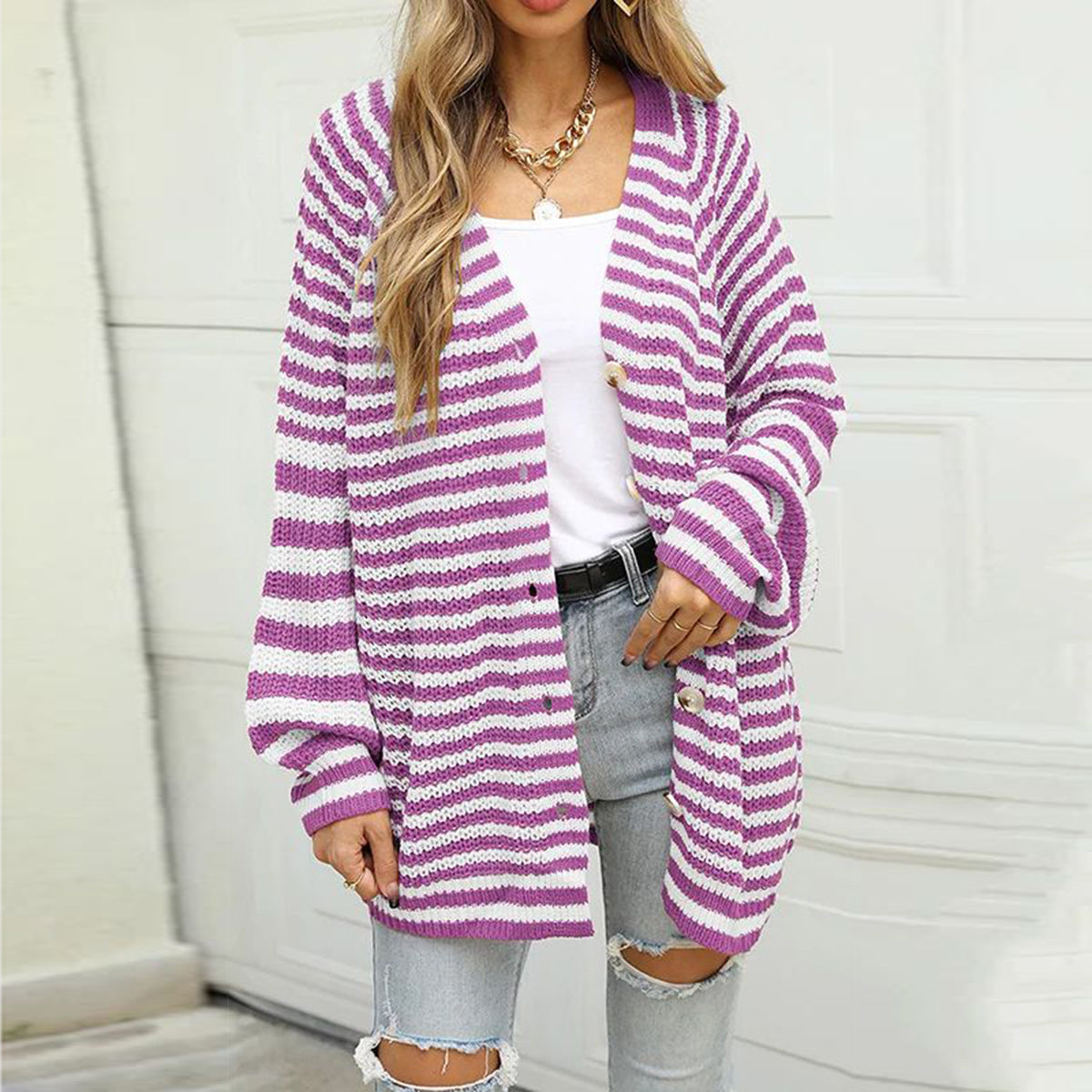 Striped Button Down Long Sleeve Cardigan