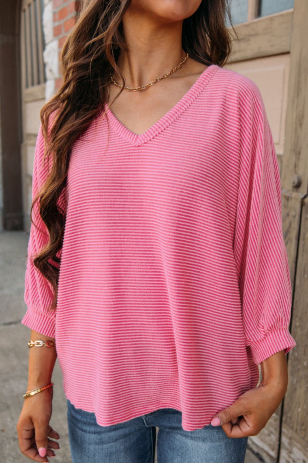 Texture V-Neck Long Sleeve Top