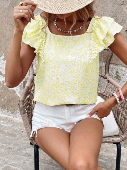 Floral Print Ruffle Trim Blouse