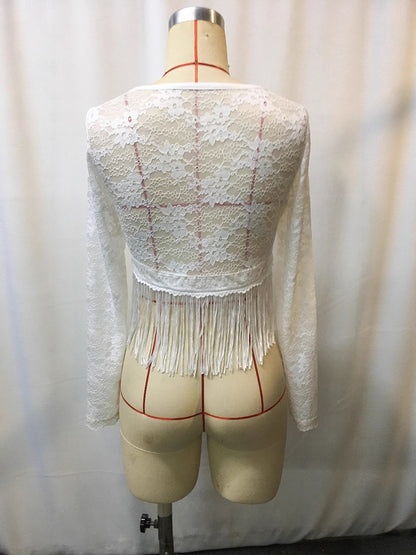Full Size Fringe Hem Lace Long Sleeve Top Plus Size