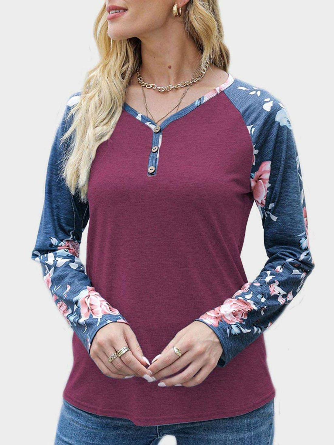 Burgundy V-neck floral long sleeve T-shirt, front view