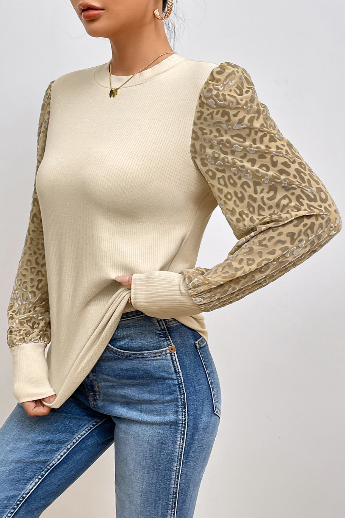 Leopard Print Long Sleeve Ribbed Knit Blouse