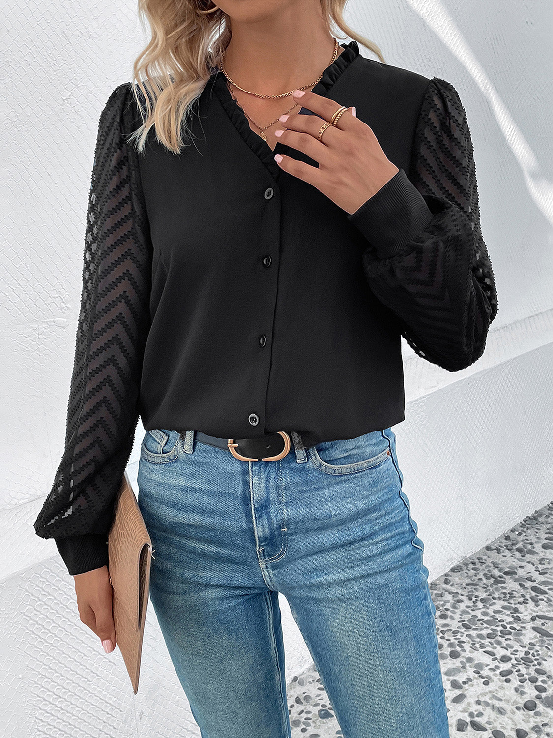 Perfee Mesh V-Neck Button Front Blouse