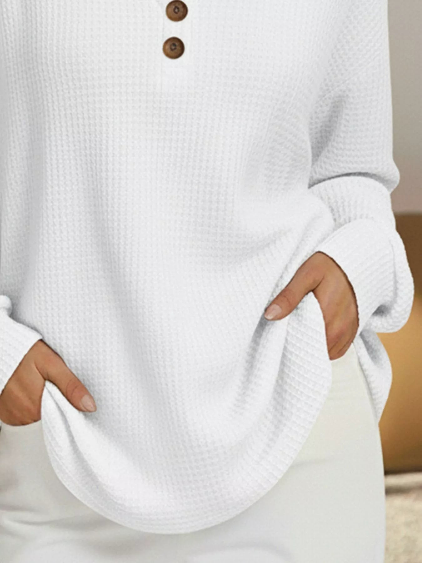 Full Size Casual Waffle Knit V-Neck Long Sleeve T-Shirt Plus Size