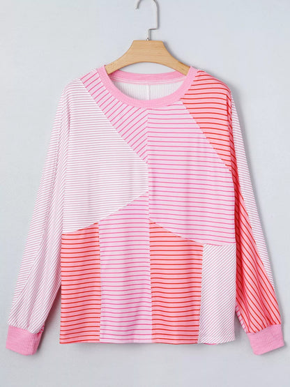 Striped Colorblock Exposed Seam Casual Long Sleeve Top