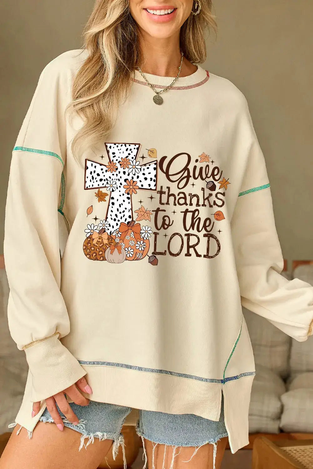 High-low contrast stitching sweatshirt with graphic design