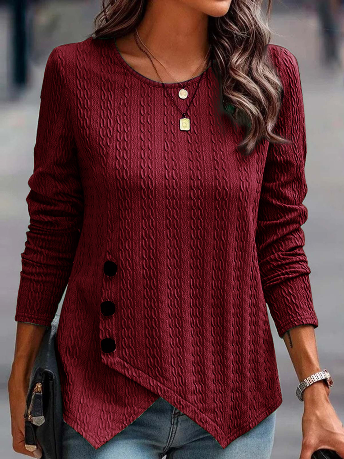 Decorative Button Round Neck Long Sleeve Top