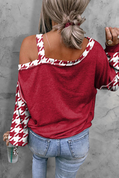 Houndstooth Long Sleeve Asymmetrical Neck Top