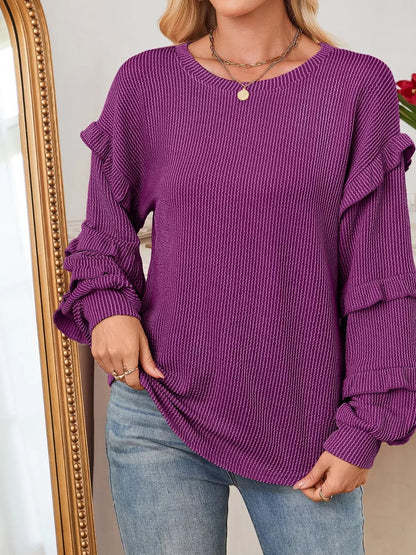 Ruffled Long Sleeve Knit T-Shirt