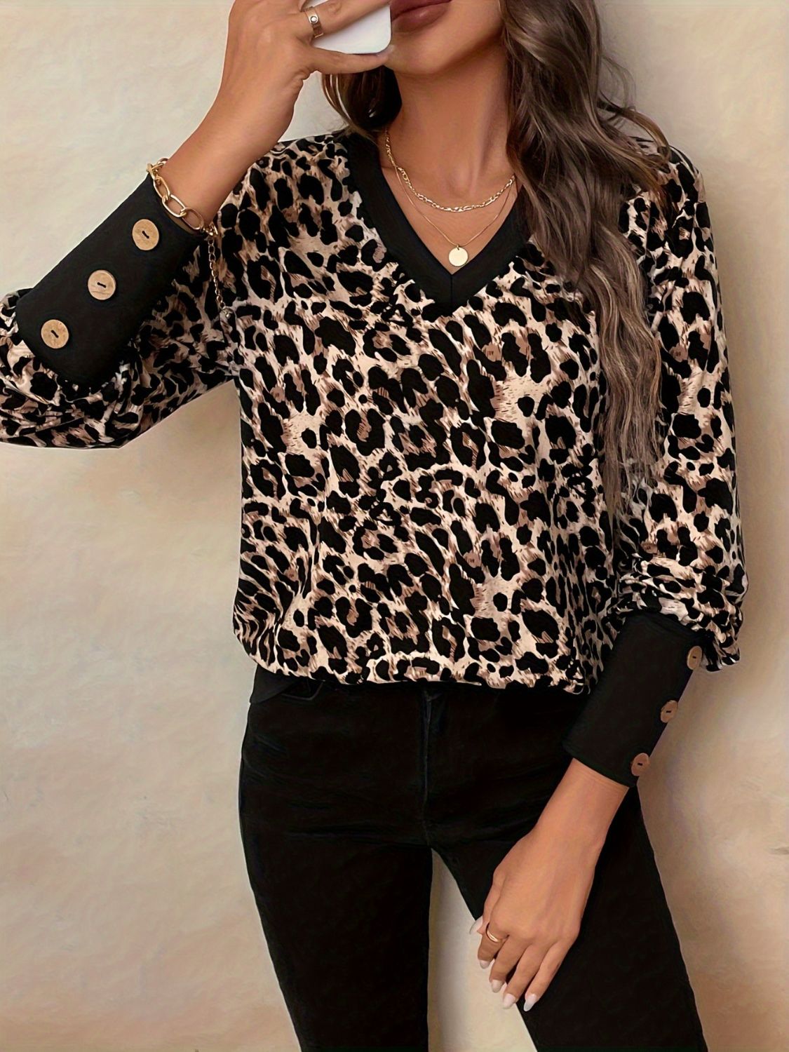 Decorative Button Leopard V-Neck Long Sleeve T-Shirt