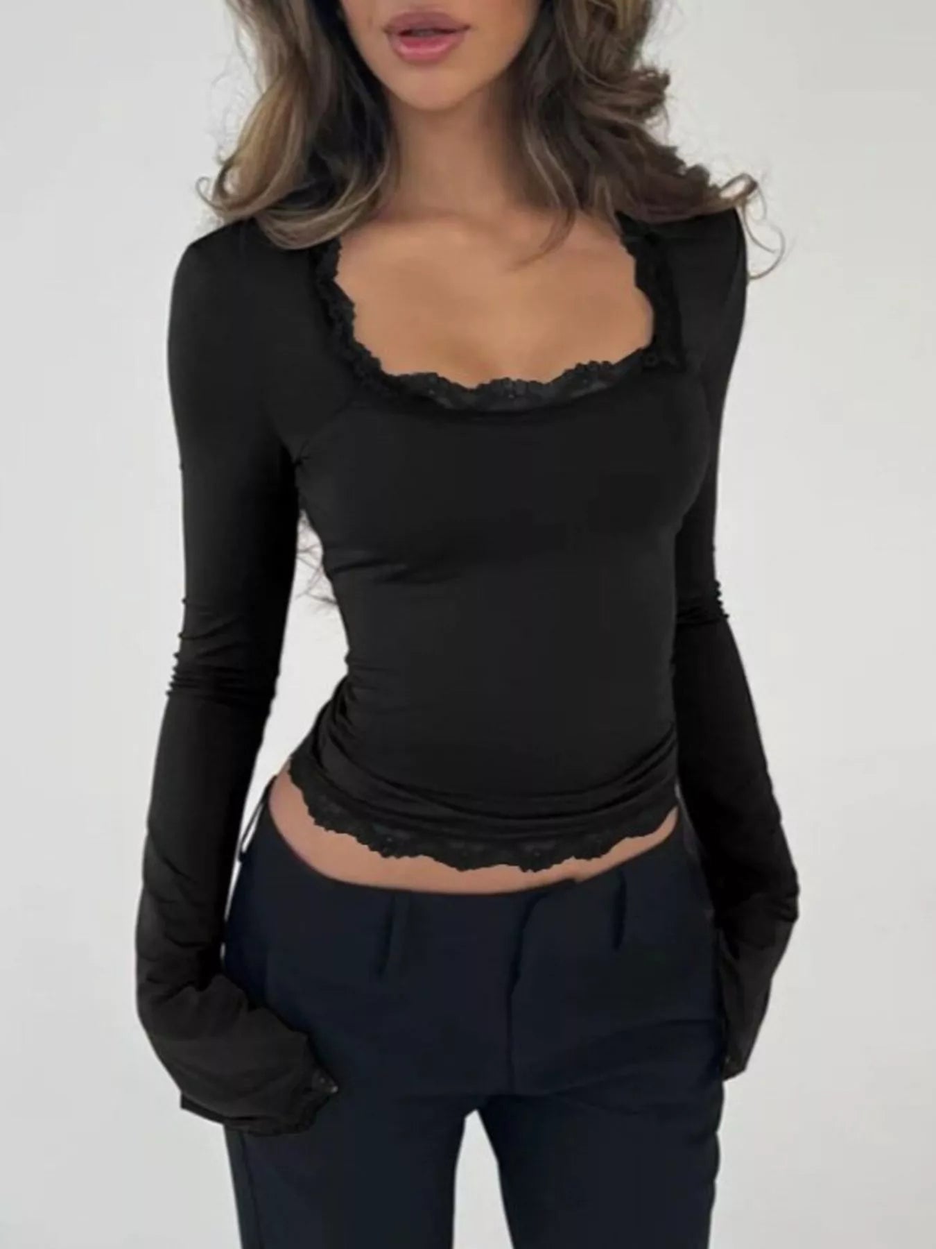 Lace Trim Square Neck Long Sleeve Top