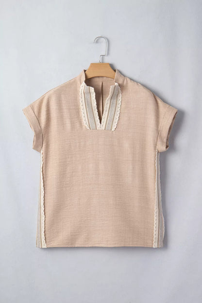 Crochet Lace Accent Pullover Rolled Short Sleeve Blouse