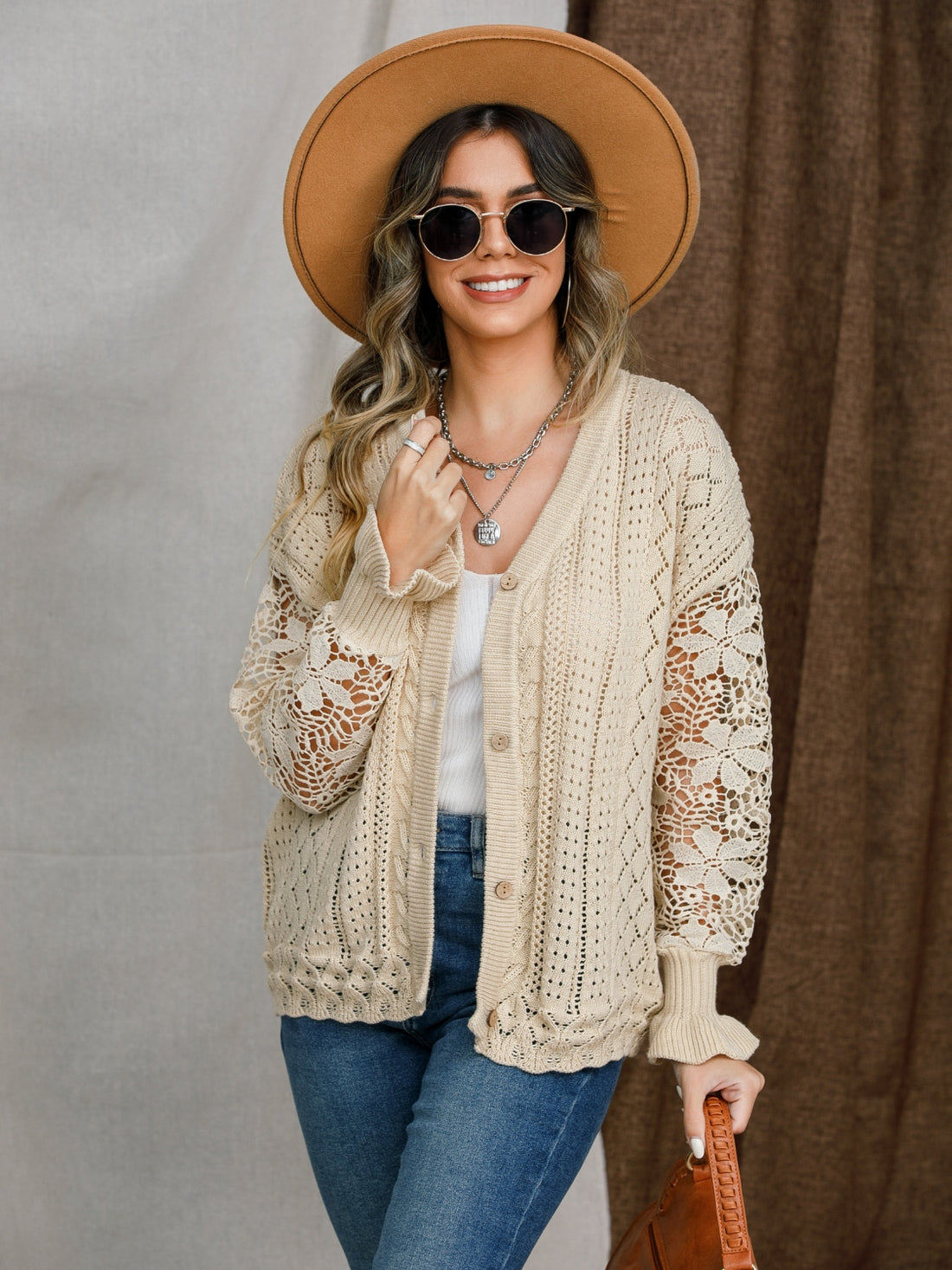 Eyelet Button Up Lantern Sleeve Cardigan