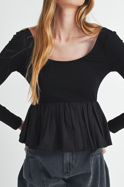 Peplum Scoop Neck Long Sleeve T-Shirt