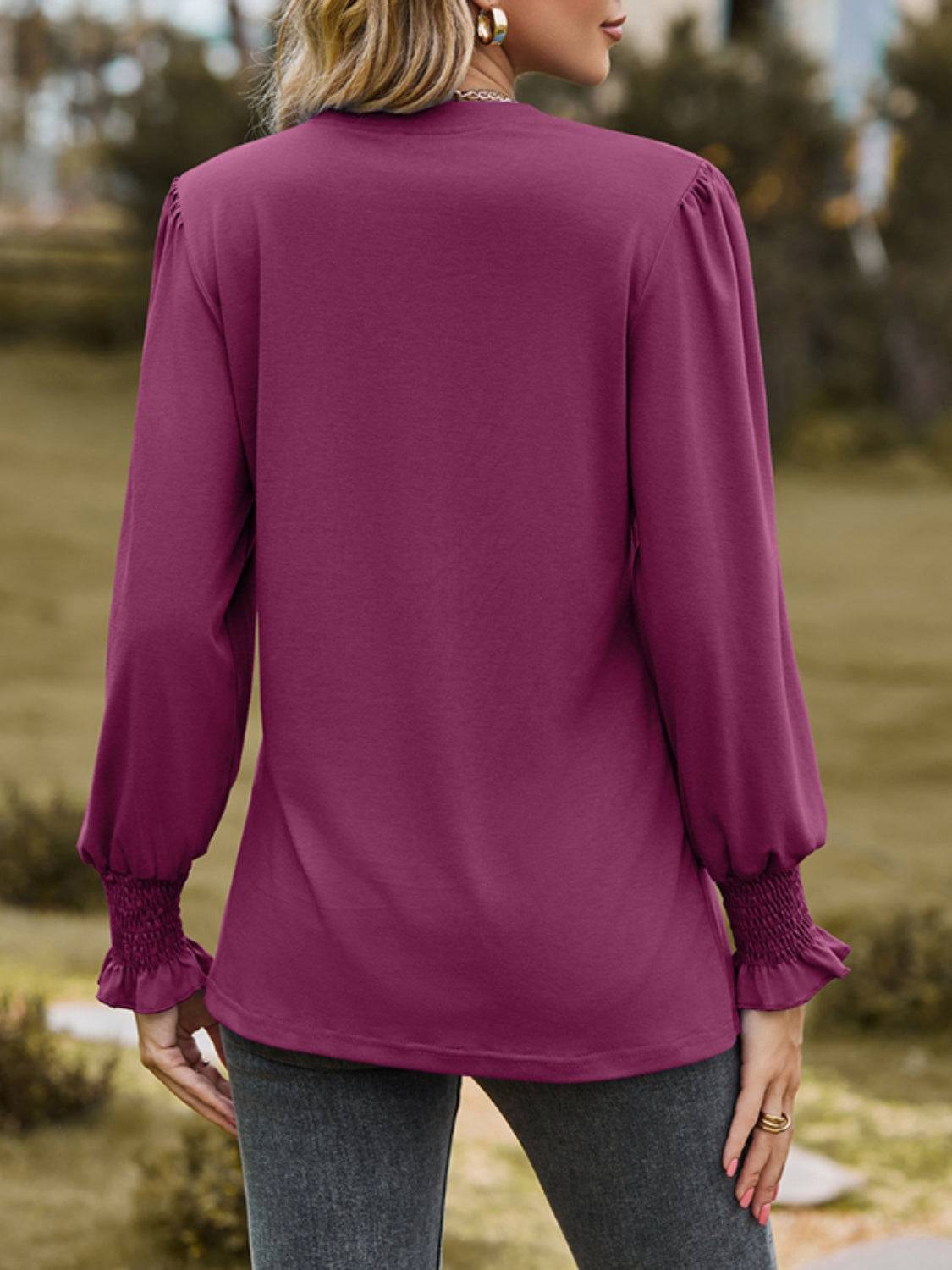 Purple ruched notched long sleeve T-shirt back view