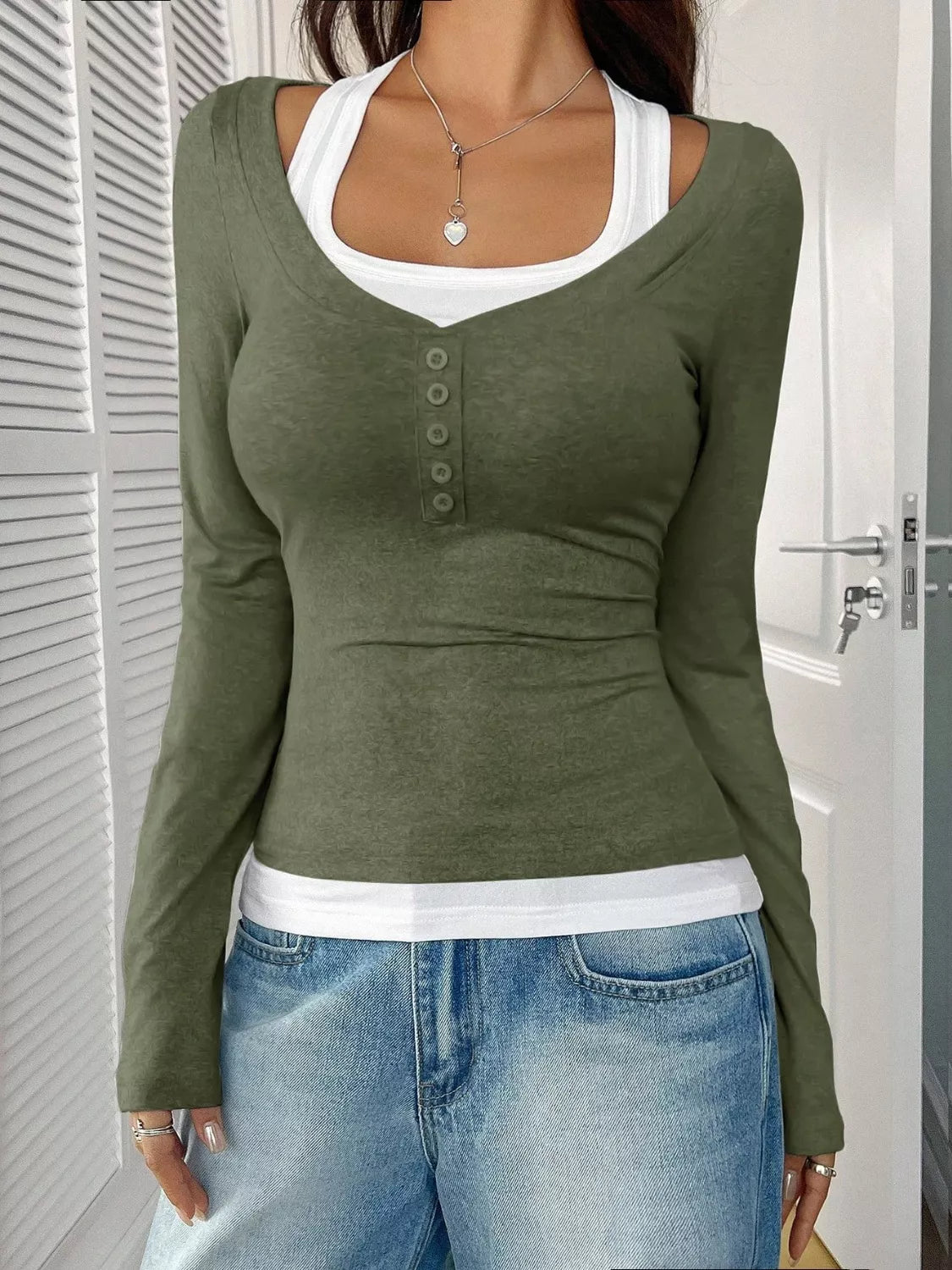 Contrast Long Sleeve Fake Two-Piece T-Shirt