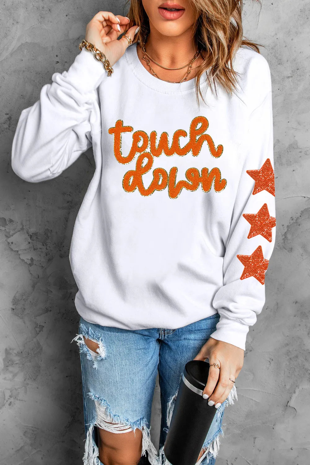 Letter &amp; Star Round Neck Long Sleeve Sweatshirt