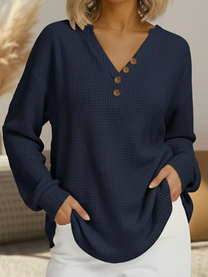 Full Size Waffle Knit V-Neck T-Shirt Plus Size