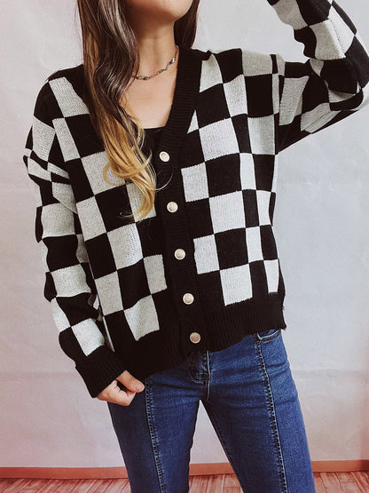 Checkered Open Front Button Up Cardigan