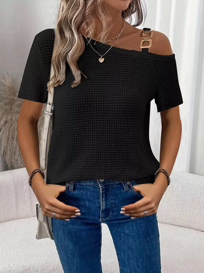One-Shoulder Chain Detail Waffle Knit T-Shirt