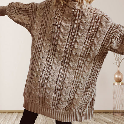 Cable-Knit Open Front Dropped Shoulder Cardigan